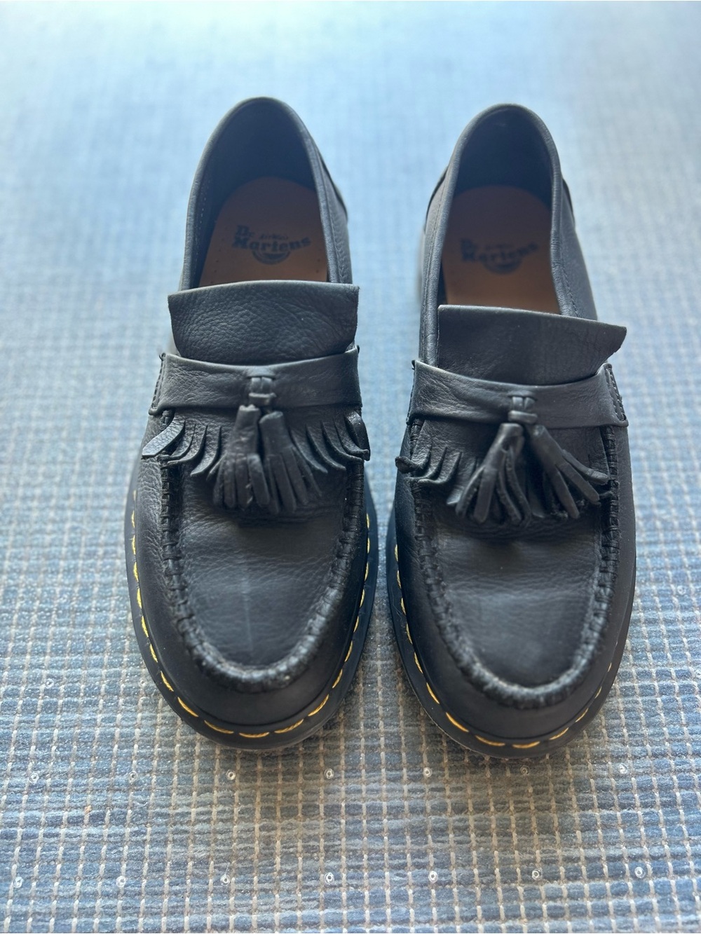 Dr Martens Adrian Tassle Loafer Black leather Shoes Yellow Stitch W 11/ M 10